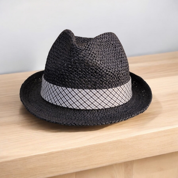 Navy blue straw fedora hat with blue white plaid belt - Picture 1 of 10